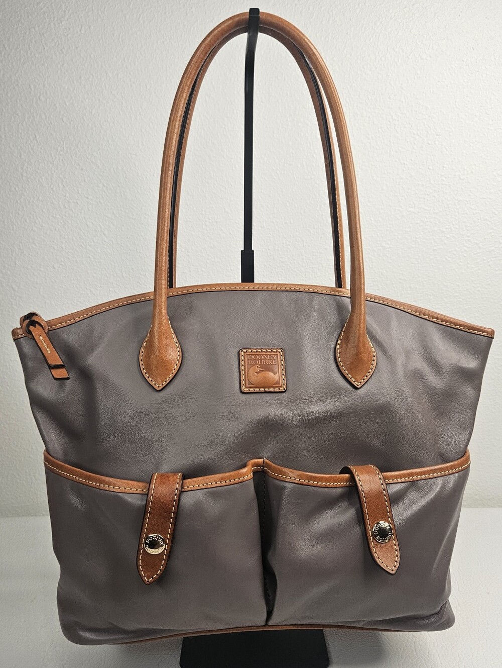 Dooney & Bourke Florentine Leather Pocket Shopper Tote Gray Taupe Large Shoulder